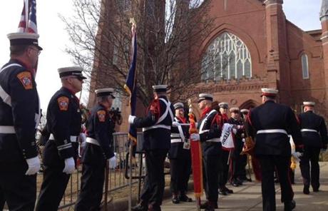 Thousands of firefighters lined a Watertown street to honor one of two firefighters killed in last week’s nine-alarm Back Bay blaze.
